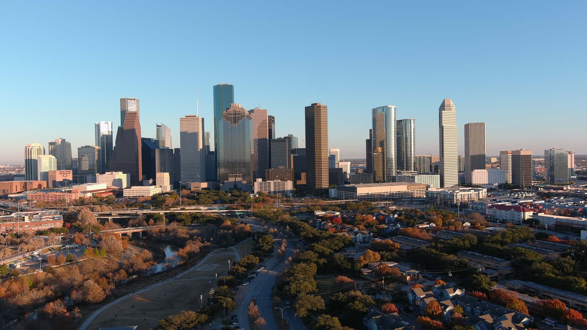 Aerial Houston skyline at sunset